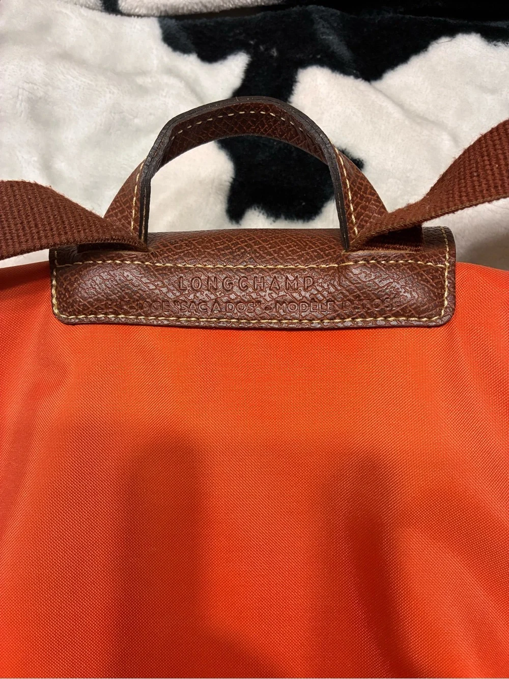 Longchamp Orange Nylon Backpack with Brown Trim